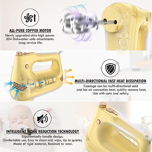 GUALIU Electric Hand Mixer, 304*(2* Beaters, 2* Dough Hooks), (1* Storage Bag) Handheld Mixer for Baking Cakes, Eggs, Cream Food Mixers, Turbo Boost /5 Speed Kitchen Blender YELLOW