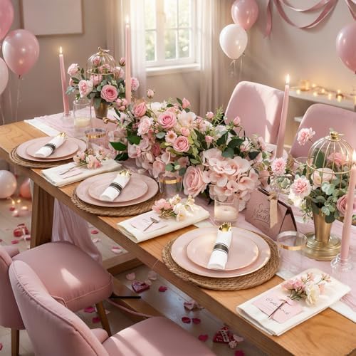 KIRE 350 PCS Pink Disposable Plates - Plastic Dinnerware Set for Wedding