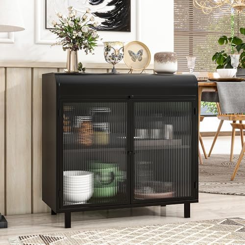 KEIKI 31" Kitchen Pantry, Modern Sideboard Buffet Cabinet with Figured Glass Doors & Flip Top & Open Shelves, Spacious Industrial Metal Organizer for Living Room & Kitchen