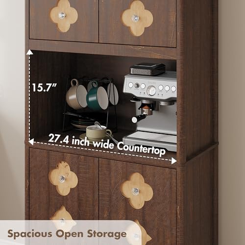 Garvee 72" Tall Pantry Cabinet, Kitchen Hutch Storage Cabinet with Countertop for Microwave, Freestanding Wooden Cupboard with Carved Door & Crystal Handle, for Dining Room, Living Room, Reddish Brown
