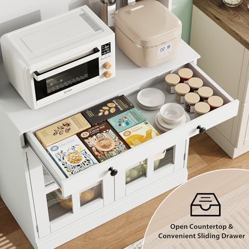 Garvee 72 Inch Kitchen Pantry Cabinet with Glass Doors, Drawer and Adjustable Shelves, Farmhouse Tall Storage Cabinet with Open Countertop, Coffee Bar Cabinet for Coffee Corner, White