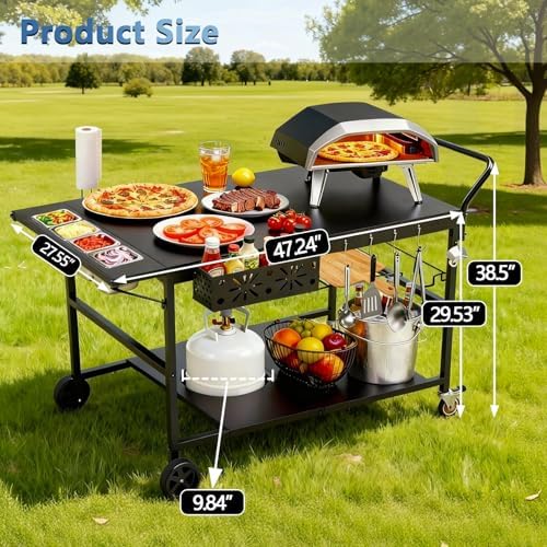 47" Outdoor Pizza Oven Table with Wheels, Grill Cart Table for Outside with Propane Tank Holder, Heavy Duty Pizza Oven Stand Prep Table for BBQ Patio Backyard Cooking