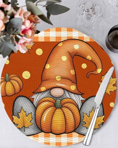 Fall Round Placemats Set of 4 Thanksgiving Pumpkin Gnome Place Mats Washable Woven Placemat Maple Leaf Orange Buffalo Plaid Circle Braided Table Mat for Kitchen Dining Holiday Party Fall Decor 15 Inch