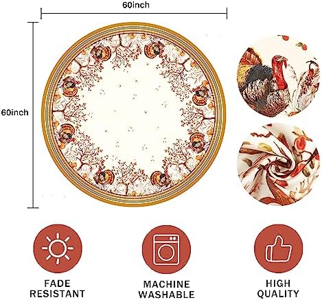 Fall Thanksgiving Double Border Decoration Tablecloth, Autumn Pumpkin Harvest Tablecloths, Waterproof Table Cover for Dinner Kitchen Party Holiday Decorations Round 60"