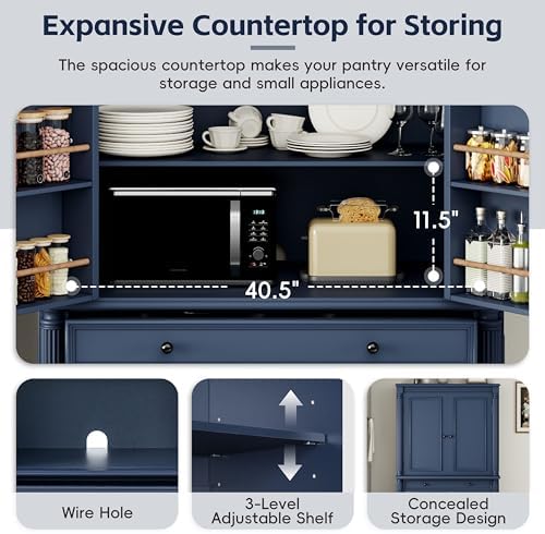 Merax 77" Tall Large Kitchen Pantry Storage Cabinet with 2 Doors & 2 Adjustable Shelves & 5 Drawers & 6 Side Door Shelves, Modern Freestanding Food Pantry for Dining Room, Living Room, Blue