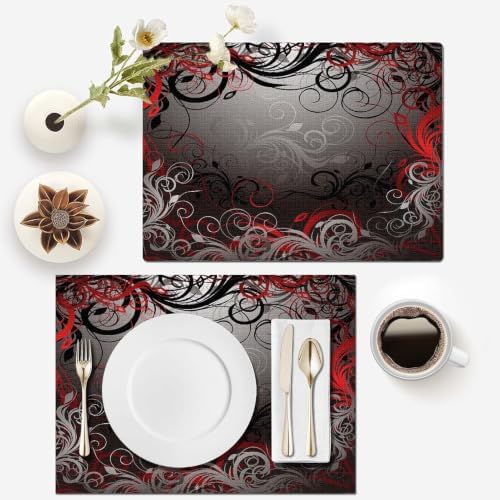 Mcalk Table Runner and Placemats Set of 6 Pieces,Mystic Gray Leaf Placemat,Cloth Place Mats Red Indoor for Kitchen,Washable Placemats Floral Print Linen Material for Dining Table