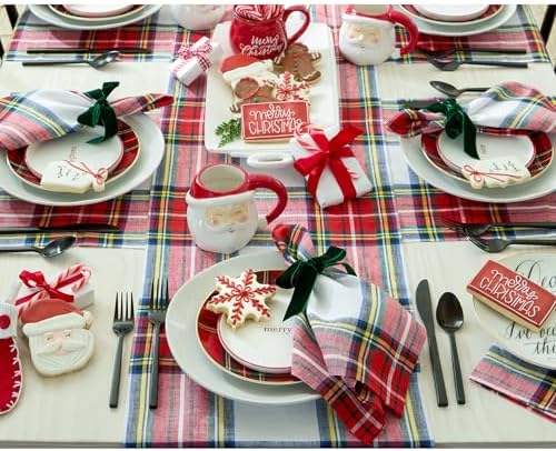 Solino Home 100% Pure Linen Table Runner White, Stewart Plaid 14 x 90 in
