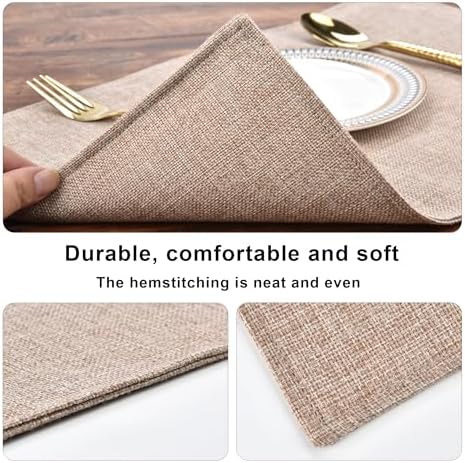 SLKQG Faux Linen Placemats Set of 8, Heat Resistant Washable Double Layer Cloth Place Mats for Dining Table, Wrinkle Resistant Linen Textured Farmhouse Kitchen Decor (8, Natural Linen)