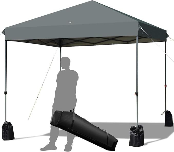 Tangkula 8x8 Ft Pop Up Canopy, Straight Leg Instant Tent Shelter with Wheeled Bag, 4 Sand Bags, 8 Stakes, 4 Ropes, Outdoor Canopy Tent for Camping, Beach, Backyard(Gray)