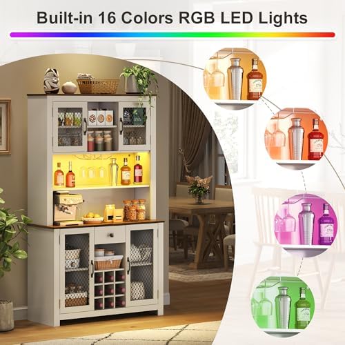 Merax 70.9" Tall Kitchen Pantry Storage Cabinet with Charging Station and LED Lights, Rustic Kitchen Hutch Food Pantries with Wine Rack, Drawer & Adjustable Shelves for Dining Room, White