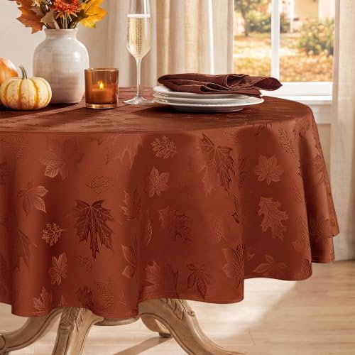 Softalker Fall Jacquard Round Tablecloth, 70 Inch Rust