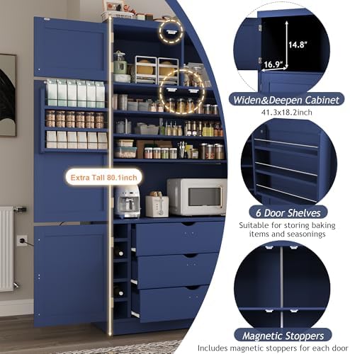Merax 80" Tall Kitchen Pantry Cabinet with 2 Power Outlets, 41" W Modern Large Freestanding Cupboard with Microwave Stand, Drawers, Adjustable Shelves, Wine Racks & Door-Shelf for Dinner Room, Blue