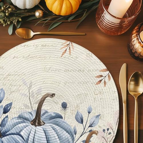 Fall Round Placemats Set of 6 Thanksgiving Blue Pumpkin Place Mats Washable Woven Placemat Autumn Eucalyptus Leaves Circle Braided Table Mat for Kitchen Dining Table Holiday Party Fall Decor 15 Inch