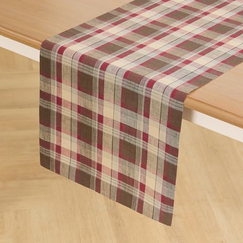 Solino Home 100% Linen Table Runner Multicolor, Rustic Plaid 14 x 120 in