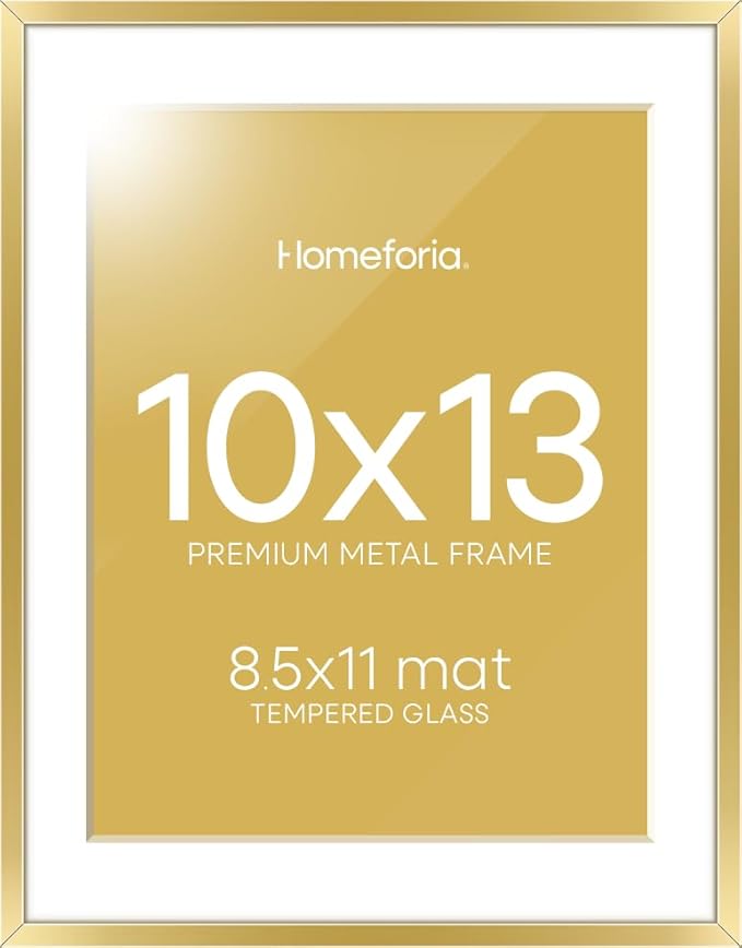 Homeforia 10x13 Picture Frame Gold, High End Metal 10x13 Poster Frames with Mat for 8.5x11, 10 x 13 Gold Frames Matted to 8.5 x 11 inch Photo, 10by13 Hanging Frames, Tempered Glass, Wall Kit, Set of 1