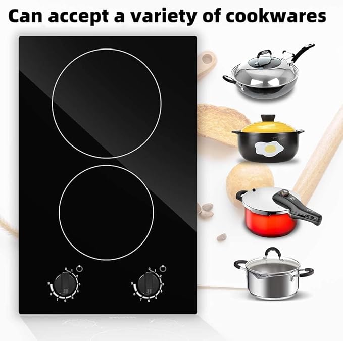 12 Inch Electric Cooktop 2 Burner, Built-in Stove, Electric Radiant Cooktop with Knob Conrol, Residual Heat Indicator, 9 Power Level, Over-Heat Protection, 220V Hard Wire(No Plug)