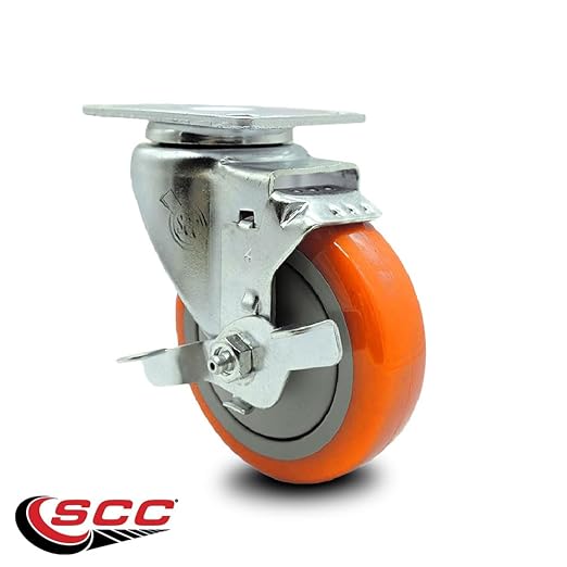 Service Caster Brand Replacement Caster for Uline Caster H-5539SWB - Swivel Top Plate Caster with 4 Inch Orange Polyurethane Wheel and Top Lock Brake - Fits Carts, Dollies and Poly Box Trucks H-1956