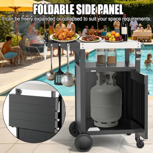 Outdoor BBQ Prep Cart with Storage, Foldable Side Table