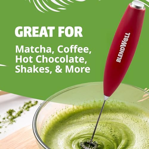 BlendWell Electric Milk Frother for Matcha and Coffee, Handheld Battery Operated Drink Mixer with Stand, Stainless Steel Whisk, Red