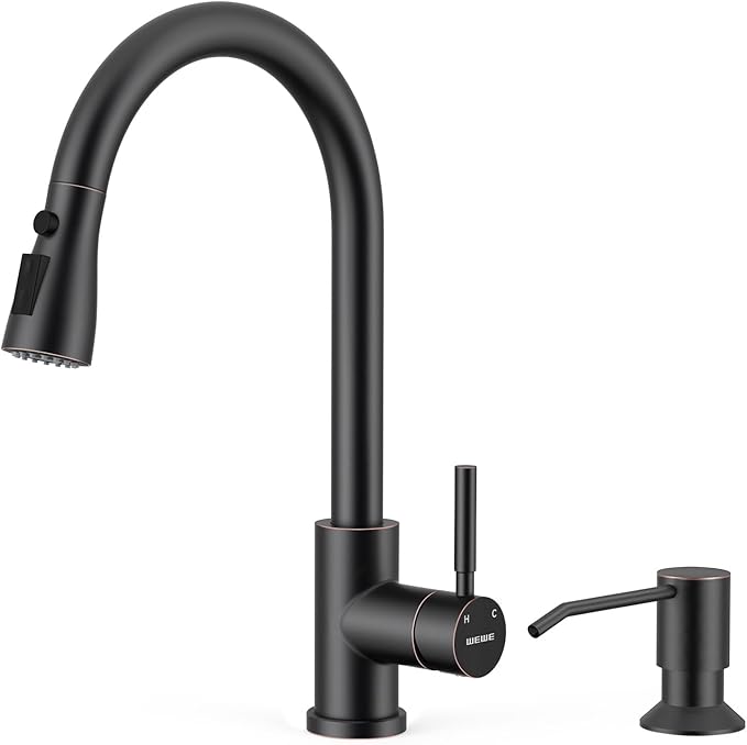 WEWE Kitchen Faucet with Pull Down Sprayer and Soap Dispenser, Stainless Steel Kitchen Sink Faucets, 3-Mode High Arc Single Handle Faucet for RV Farmhouse, Oil Rubbed Bronze