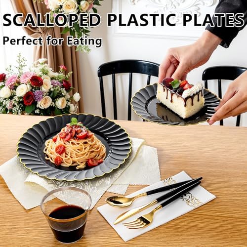 Ciaell 175 Piece Black and Gold Plastic Plates for Weddings Parties