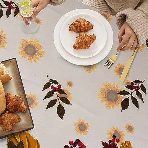 Fall Thanksgiving Double Border Decoration Tablecloth, Sunflower & Pumpkin Harvest Tablecloths, Waterproof Table Cover for Dinner Kitchen Party Holiday Decorations, Oval 54 x 72