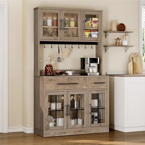 YITAHOME 71" Kitchen Pantry Cabinet with Built-in Power Outlet, Grey Oak