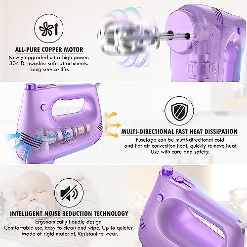 GUALIU Electric Hand Mixer, 304*(2* Beaters, 2* Dough Hooks), (1* Storage Bag) Handheld Mixer for Baking Cakes, Eggs, Cream Food Mixers, Turbo Boost /5 Speed Kitchen Blender PURPLE