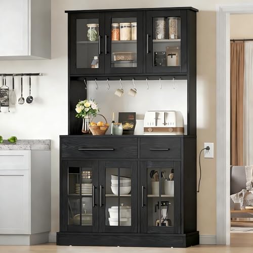 DWVO Kitchen Pantry Storage Cabinet with Microwave Stand, 71'' Tall Kitchen Hutch Cabinets with Power Outlet, Modern Food Pantry Hutch with Drawers ＆ Shelves for Home, Pack of 1, Black