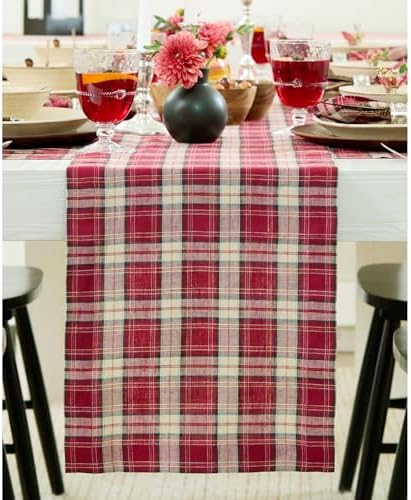Solino Home 100% Pure Linen Table Runner Burgundy Tartan Plaid, 14 x 132 in