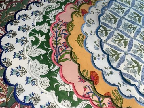 Ridhi Floral Block Print Round Placemats 15 Inch, Set of 4, Assorted Design