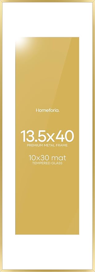 Homeforia 13.5x40 Panoramic Frame Gold, High End Metal 13.5x40 Picture Frames with Mat 10x30 Photo, 13.5 x 40 Poster Frames Matted to 10 by 30 Print, 40x13.5 Frames, Tempered Glass, Wall Kit, Set of 1