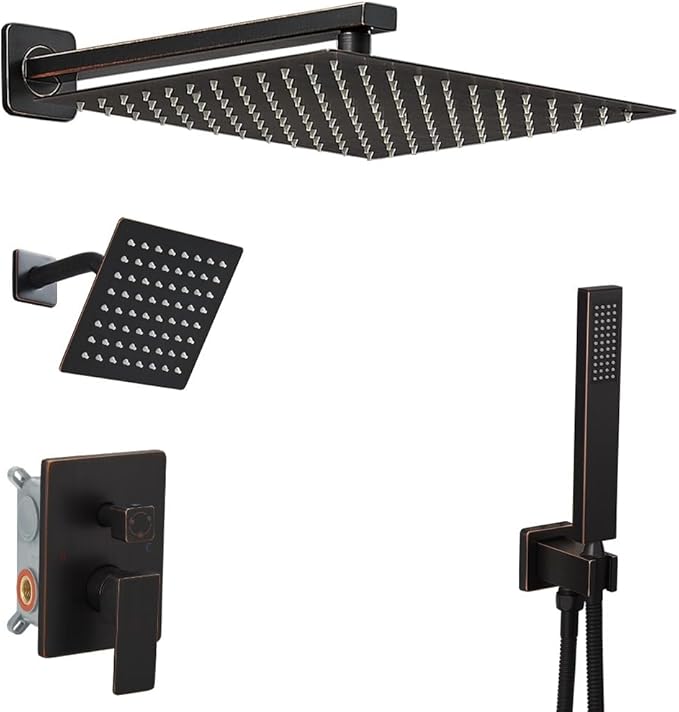 Shower Faucet Set Oil Rubbed Bronze Shower System, Knob Switch Diverter Shower Faucet with High Pressure Handheld Spray, Wall Mount 12 Inch Shower Head with 6 Inch Wall Mount Shower Head