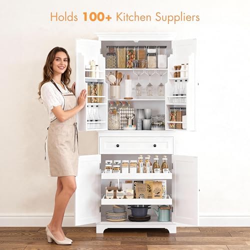 Spirich 71-Inch Tall Kitchen Pantry Cabinet with 2 Slide-Out Racks, White