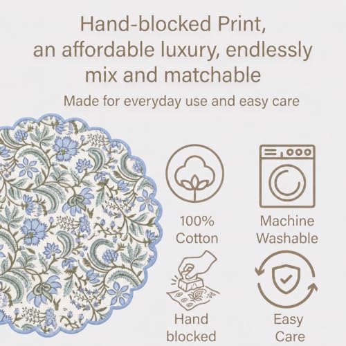 Ridhi Floral Block Print Round Placemats 15 Inch, Set of 4, Columbia Blue