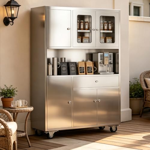 Stainless Steel Kitchen Pantry Cabinet with Drawer and Adjustable Shelves