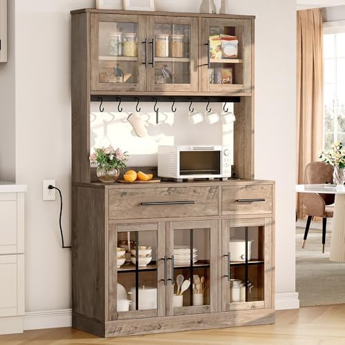 YITAHOME 71" Kitchen Pantry Cabinet with Built-in Power Outlet, Grey Oak
