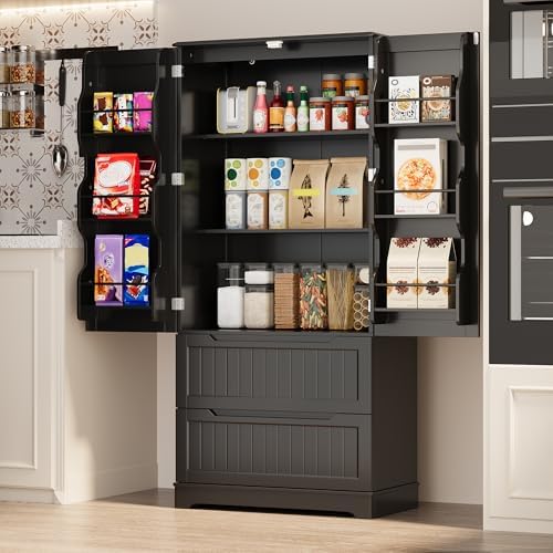 Gizoon 63" Kitchen Pantry Cabinet with Drawers for Dining Room, Black