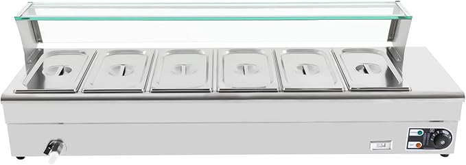 DYNAMI 110V 1200W 6 Pan Commercial Buffet Food Warmer, 6 x 3.1QT 1/3 GN 6in Deep Stainless Steel Electric Countertop Steam Table with Glass Cover & Temperature Control,for Parties Buffet Catering