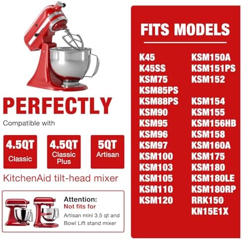 4.5-5QT Stainless Steel Flex Edge Beater for KitchenAid Classic & Artisan Tilt-Head Stand Mixers. Fits for K45SS, KSM75, KSM90. Paddle with Silicone Edges Scraper, Dishwasher Safe.