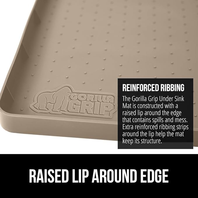 GORILLA GRIP Waterproof Silicone Under Sink Mat with Raised Lip for Kitchen and Bathroom, 28 x 22 in, Cabinet Shelf Liner Stay in Place Mats Dishwasher Safe Drawer Liner, Organizer Tray, Beige