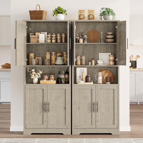 70" Kitchen Pantry Storage Cabinet, Freestanding Buffet Cabinet with Microwave Stand & 4 Door Shelves, Kitchen Hutch with Doors, Adjustable Shelves and Wine Rack,Grey.
