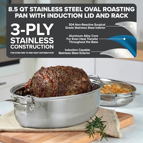 Viking 3-Ply Oval Roasting Pan, 8.5 Quart, Stainless Steel Kitchen Cookware with Metal Induction Lid and Rack, Great for Turkey, Dishwasher and Oven Safe, Silver