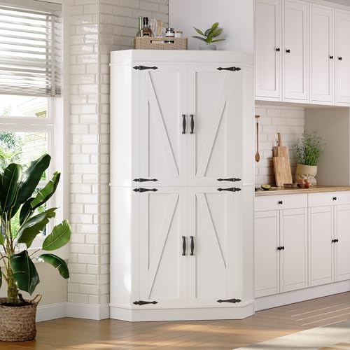 Jocoevol Corner Cabinet,71'' Kitchen Pantry Storage Cabinet with 4 Doors and Shelves, Tall Food Pantry Storage Cabinet Farmhouse Furniture for Kitchen Dining Room, White