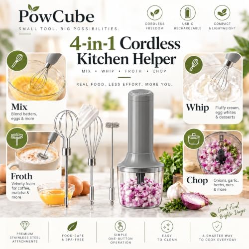 Cordless Hand Mixer, 4-in-1 Handheld Electric Mixer with Electric Whisk Frother & 10 oz Mini Food Chopper, USB-C Rechargeable 4-Speed Hand Mixer for Eggs, Cream, Coffee & Small-Batch Prep