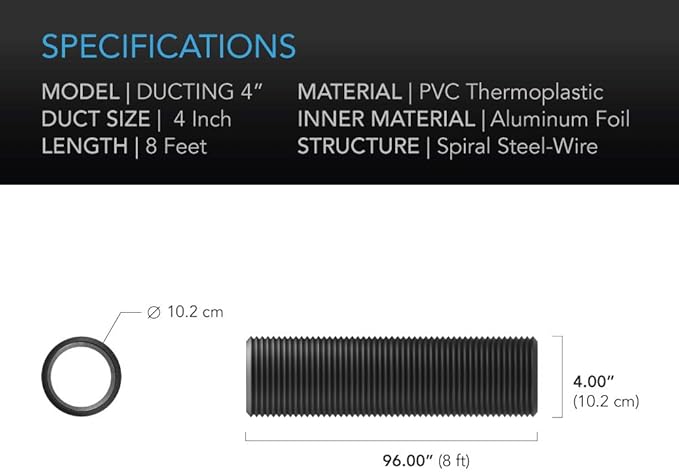 AC Infinity Flexible 4-Inch Aluminum Ducting, Heavy-Duty Four-Layer Protection, 8-Feet Long for Heating Cooling Ventilation and Exhaust