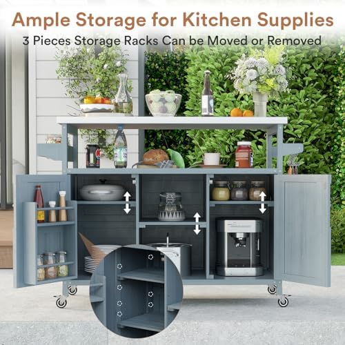 Zevemomo Outdoor Grill Cart with Storage, Lockable Casters, Gray-Blue