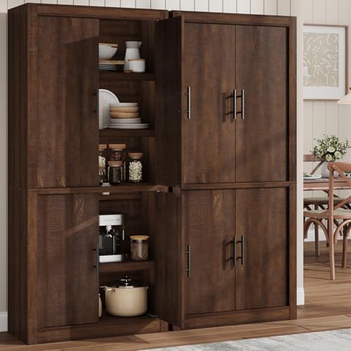 71" Tall Kitchen Pantry Cabinet, Farmhouse Kitchen Pantry Storage Cabinet with 4 Doors & Adjustable Shelves, Freestanding Wood Large Food Cupboard for Dining, Living Room, Rustic Brown