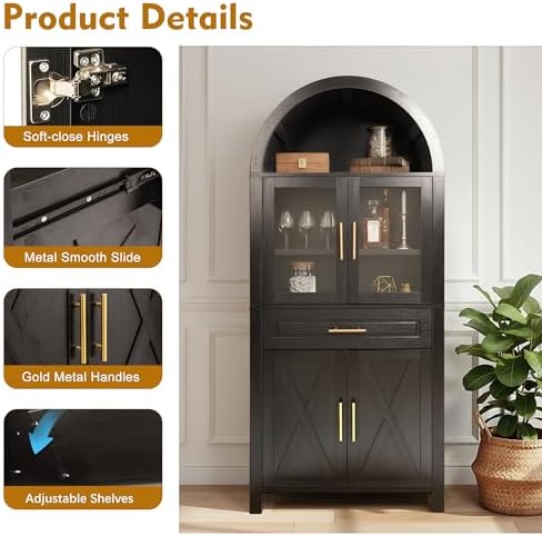 KEIKI 71" Tall Arched Kitchen Pantry Cabinet with Glass Door,Drawer,Farmhouse Storage with Adjustable Shelves for Kitchen,Living & Dining Room