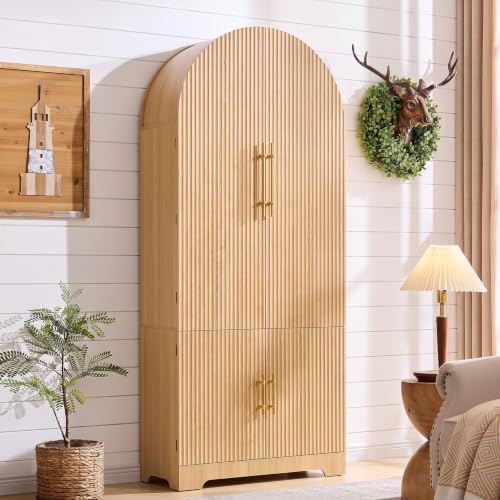 Merax 72" Tall Arched Cabinet Kitchen Pantry with 4 Doors, Fluted Storage Cabinets with 3 Adjustable Shelves & 1 Hidden Drawer & 8 Door Shelves, Versatile Cupboard for Kitchen, Dining Room, Natural